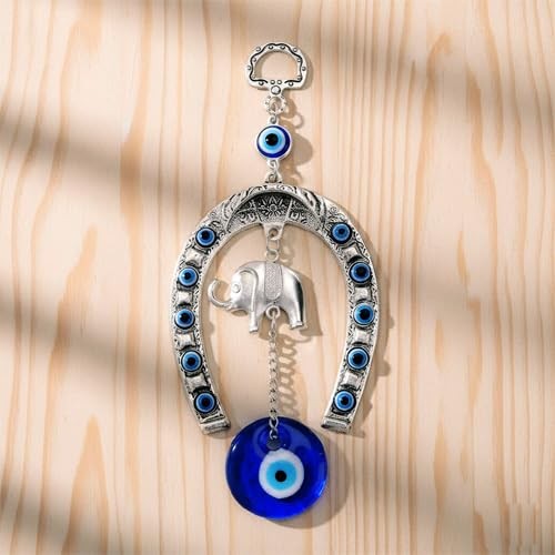 Glass Turkish Silver Horse Shoe Blue Evil Eye Hanging Ornament with Elephant Home Entrance Protection Amulet for Good Luck & Prosperity Main Door & Wall Décor