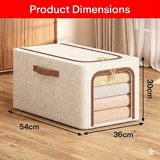 Tiny Shiny Clothes Storage Bins with Metal Frame and Handle — 56 Litre Quilt Organizer Box | Pack of 2 | Beige