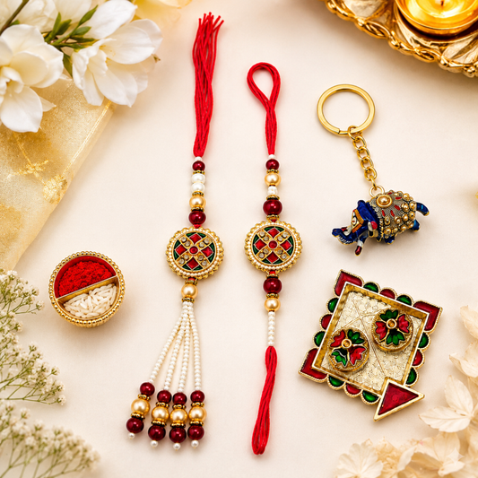 Designer Meenakari Bhaiya Bhabhi Rakhi Set with Pearl Lumba – Red & Green Traditional Raksha Bandhan Rakhi