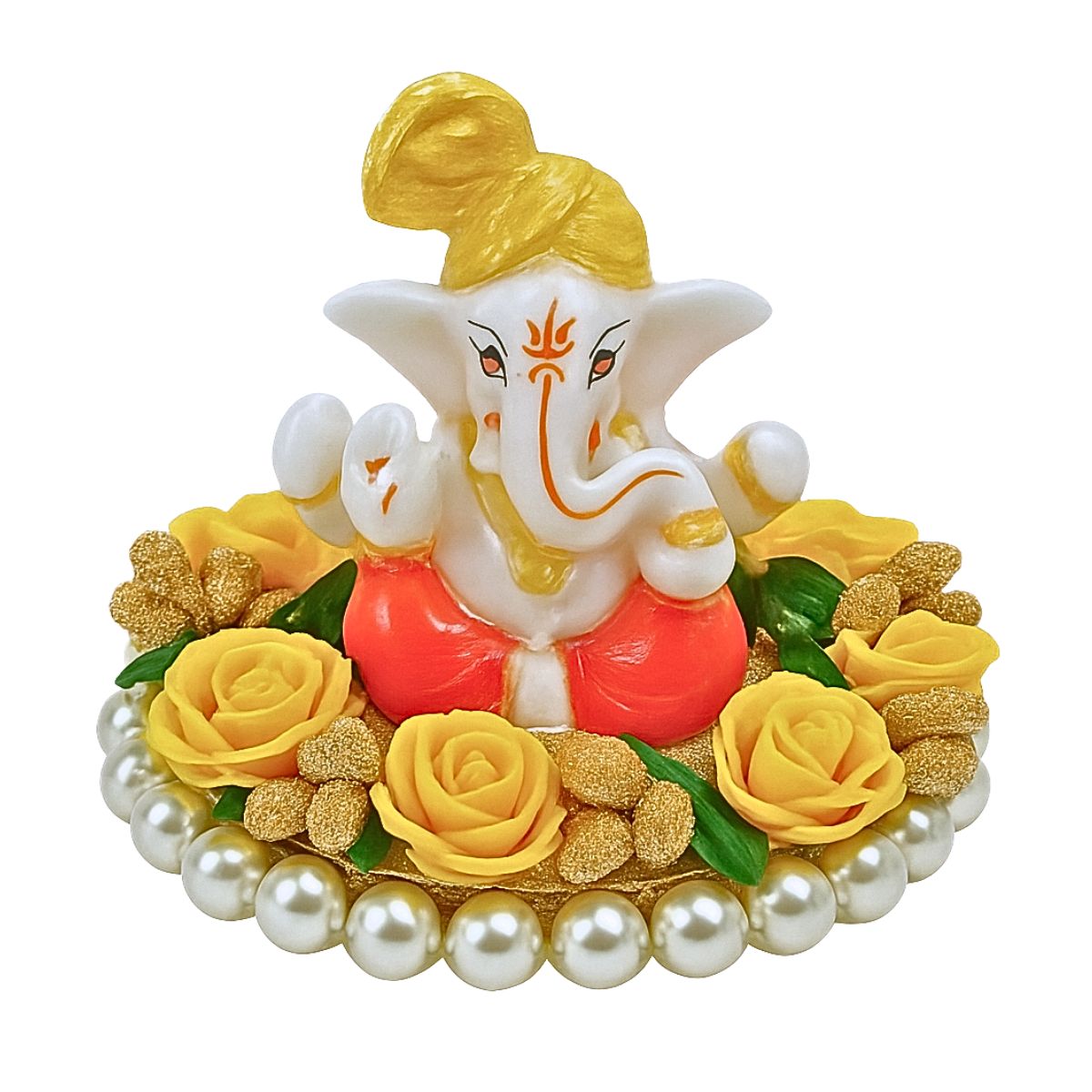 Tiny Shiny Lord Ganesha Idol on Decorative Flower Plate with Pearl Beads
