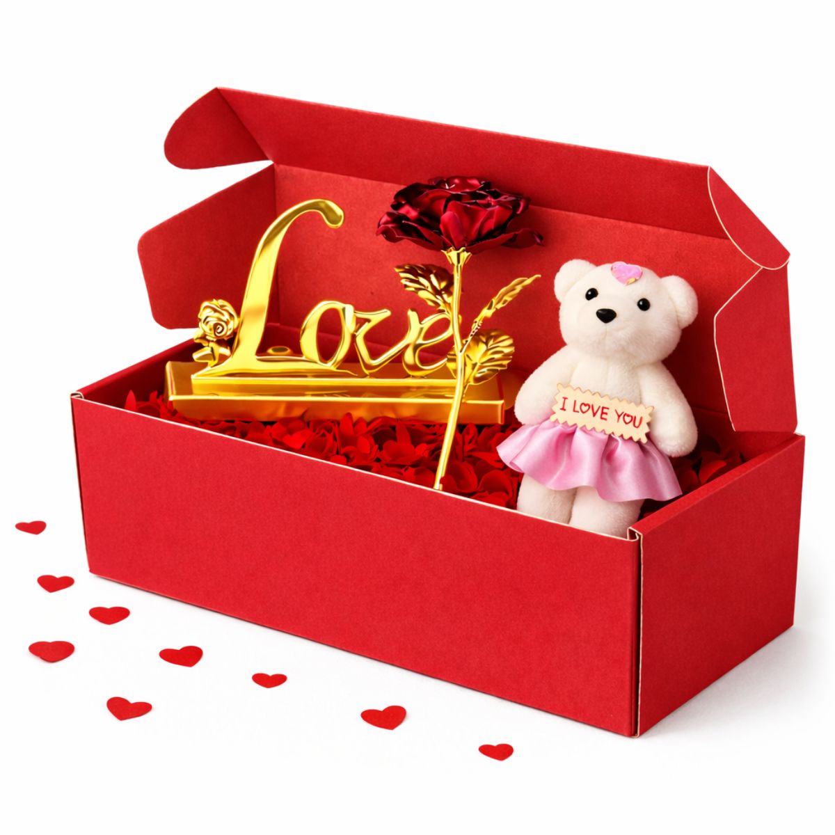 Gold Foil Rose with Teddy and Love Stand Gift Set