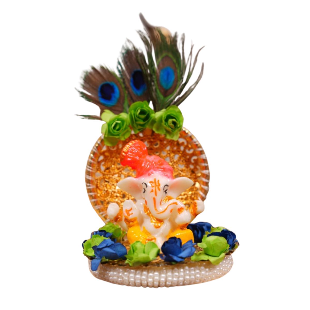Tiny Shiny Lord Ganesha Idol with Real Peacock Feathers and Golden Disc Plate