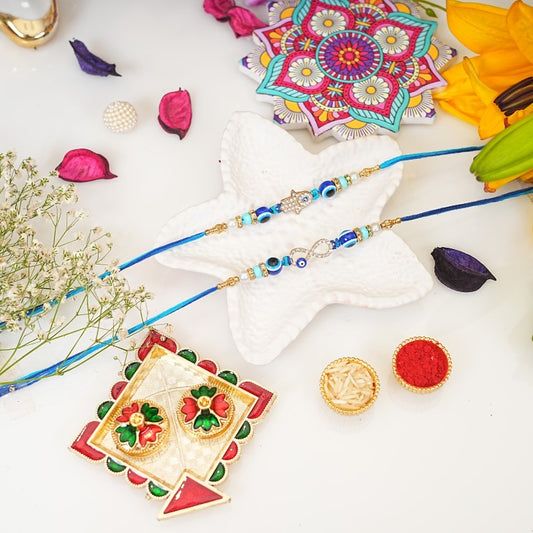 Set of 2 Hamsa & Infinity Rakhi Set for Brother & Bhavi, Multicolor