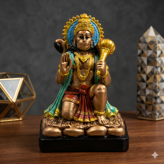 Divine Lord Hanuman Idol with Gada - Antique Bronze Finish & Vibrant Accents (13 cm) | Bajrang Bali Murti for Home & Office