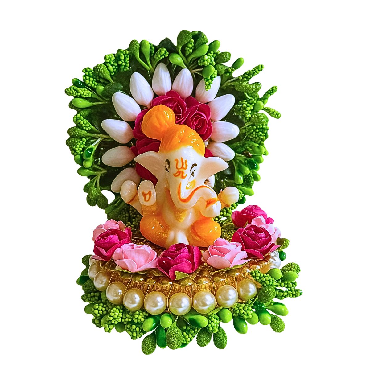 Tiny Shiny Lord Ganesha Idol with Green Floral Arch and Mogra Rose Pearl Plate