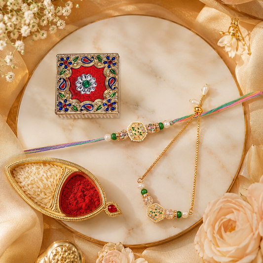 Bhai Bhabhi Rakhi Set | Floral Designer Rakhi & Adjustable Lumba