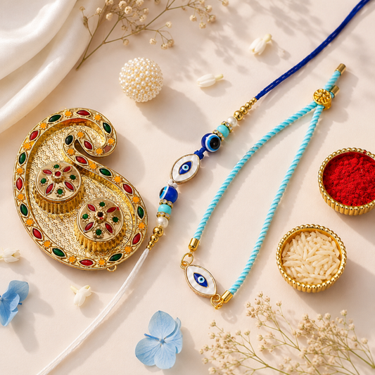 Bhai Bhabhi Rakhi Set | Evil Eye Rakhi & Evil Eye Lumba Bracelet