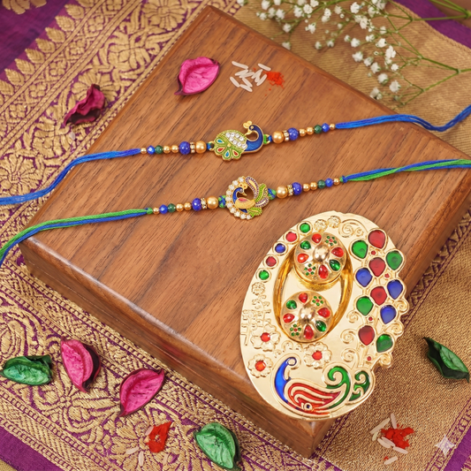 Rakhi Gift Set with 2 Royal Peacock Rakhi Set, Roli Chawa, Sipra, Key Chain and chocolate box