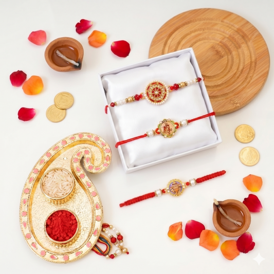 Rakhi Gift Set for Bhai with 3 Krishna Ganesha Rakhi Set, Roli Chawa, Sipra, Key Chain and chocolate box