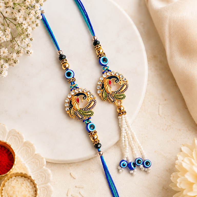 Designer Peacock Rakhi Set of 2 | Evil Eye Rakhi for Brother