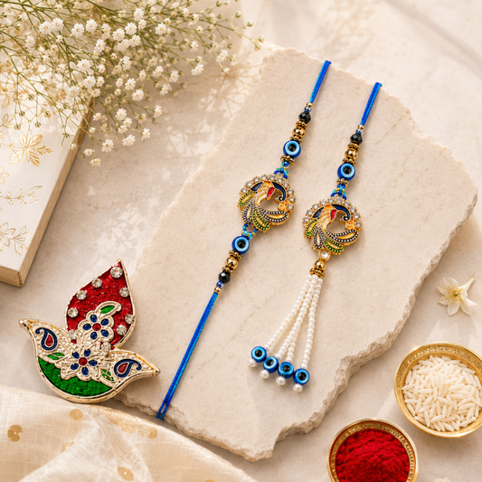 Designer Peacock Rakhi Set of 2 | Evil Eye Rakhi for Brother