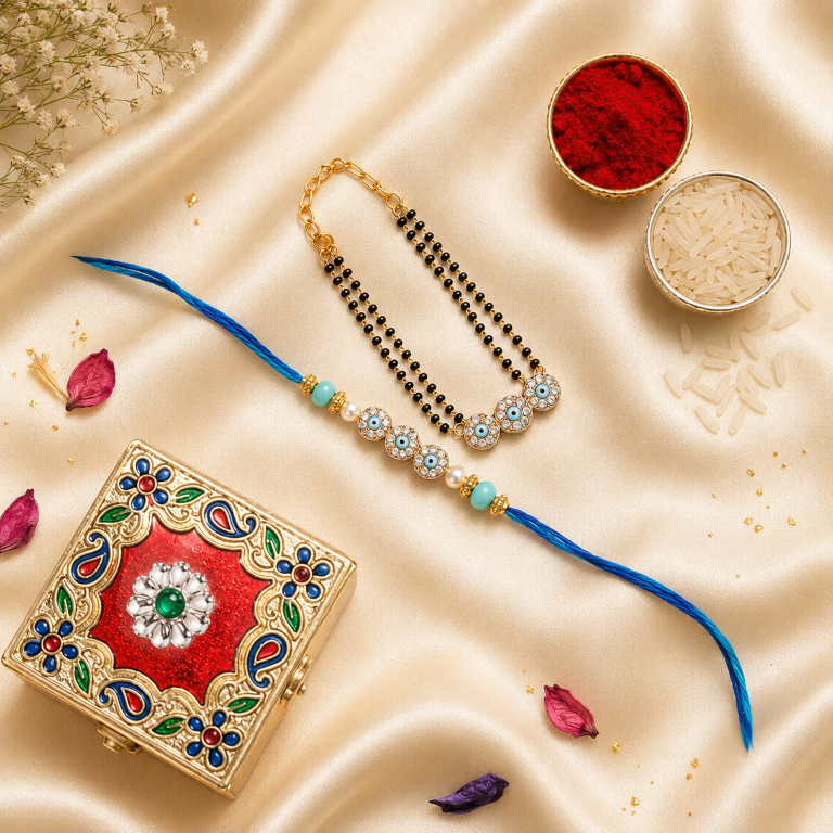 Bhai Bhabhi Rakhi Set | Evil Eye Rakhi & Black Bead Lumba Bracelet