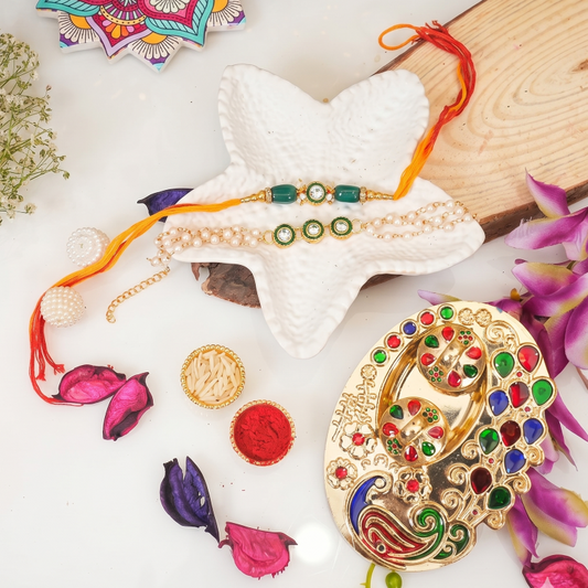 Bhai Bhabhi Rakhi Set | Green Stone Rakhi & Pearl Lumba Bracelet
