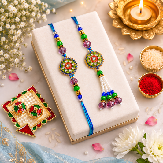 Designer Rakhi Set of 2 | Floral Stone Rakhi for Brother