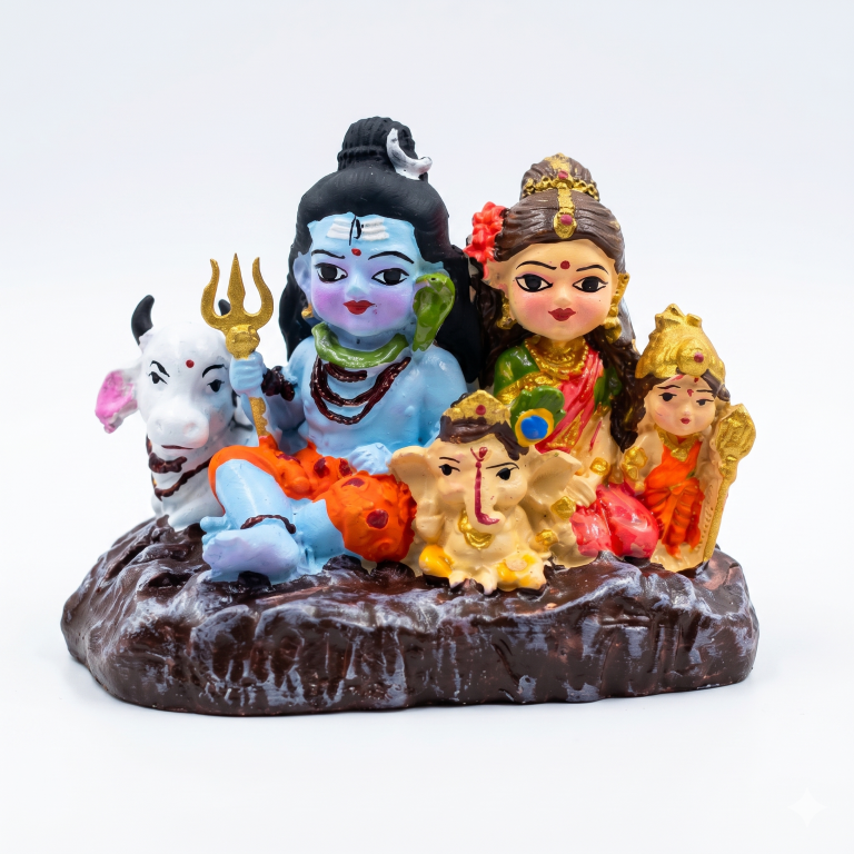 Divine Shiv Parivar Miniature Idol - Shiva, Parvati, Ganesha, Kartikeya & Nandi | Hand-Painted Spiritual Decor (7.5 cm)