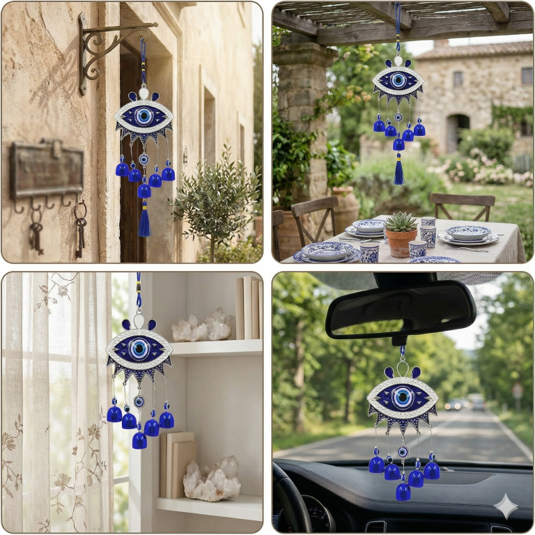Evil Eye Hanging Nazar Battu for Home House Entrance Protection Door Decoration, Car Mirror Hanging, Housewarming Gift (Wind Chime Evil Eye)