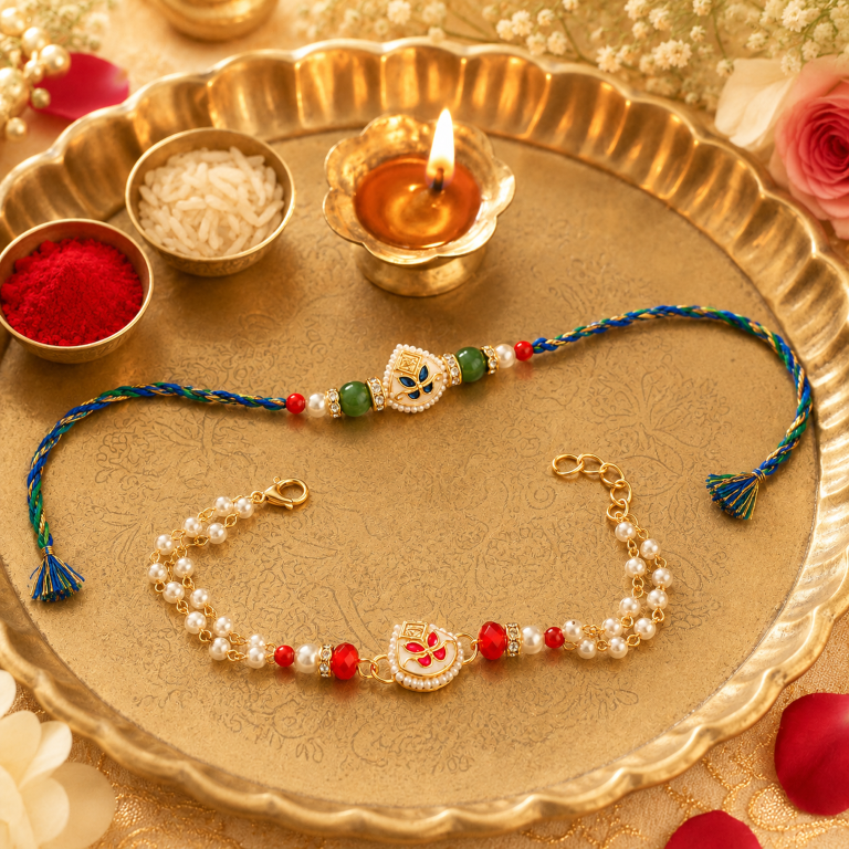 Bhai Bhabhi Rakhi Set | Designer Rakhi & Pearl Lumba Bracelet