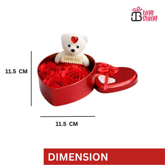Tiny Shiny Teddy and Roses(3 Pieces Roses 1 Small Bear Doll)/ Heart Shaped Gift Tin Box containing Teddy and Roses with Love Message/Heart Shape Tin Box - image 2