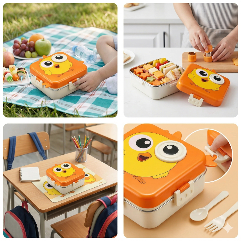 2 Layer Kids Lunch Box with Steel Inner, 3 Compartments Leak Proof Airtight BPA Free Bento Tiffin Box 1120 ML with 70 ML Sauce Cup for School Picnic Boys Girls (Sunset Orange Chick)