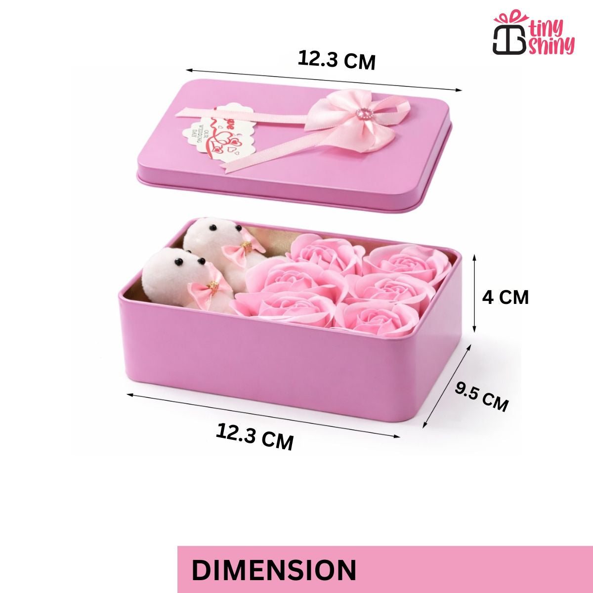 Premium Valentine Pink Square Shape Box with 6 Pink Roses, 2 Teddy