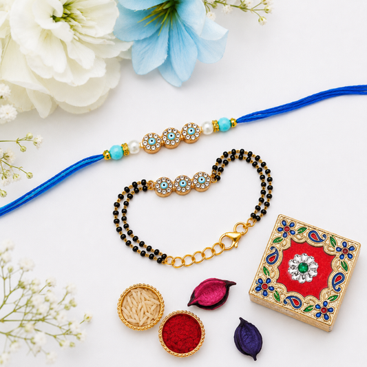 Bhai Bhabhi Rakhi Set | Evil Eye Rakhi & Black Bead Lumba Bracelet
