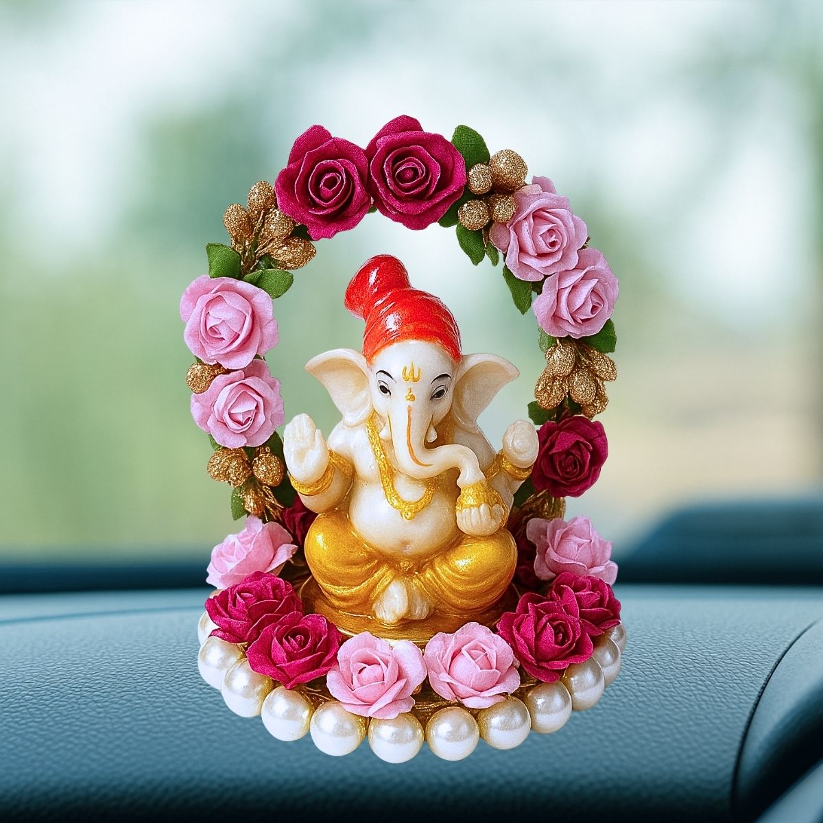 Tiny Shiny Lord Ganesha Idol with Floral Arch and Pearl Bead Plate
