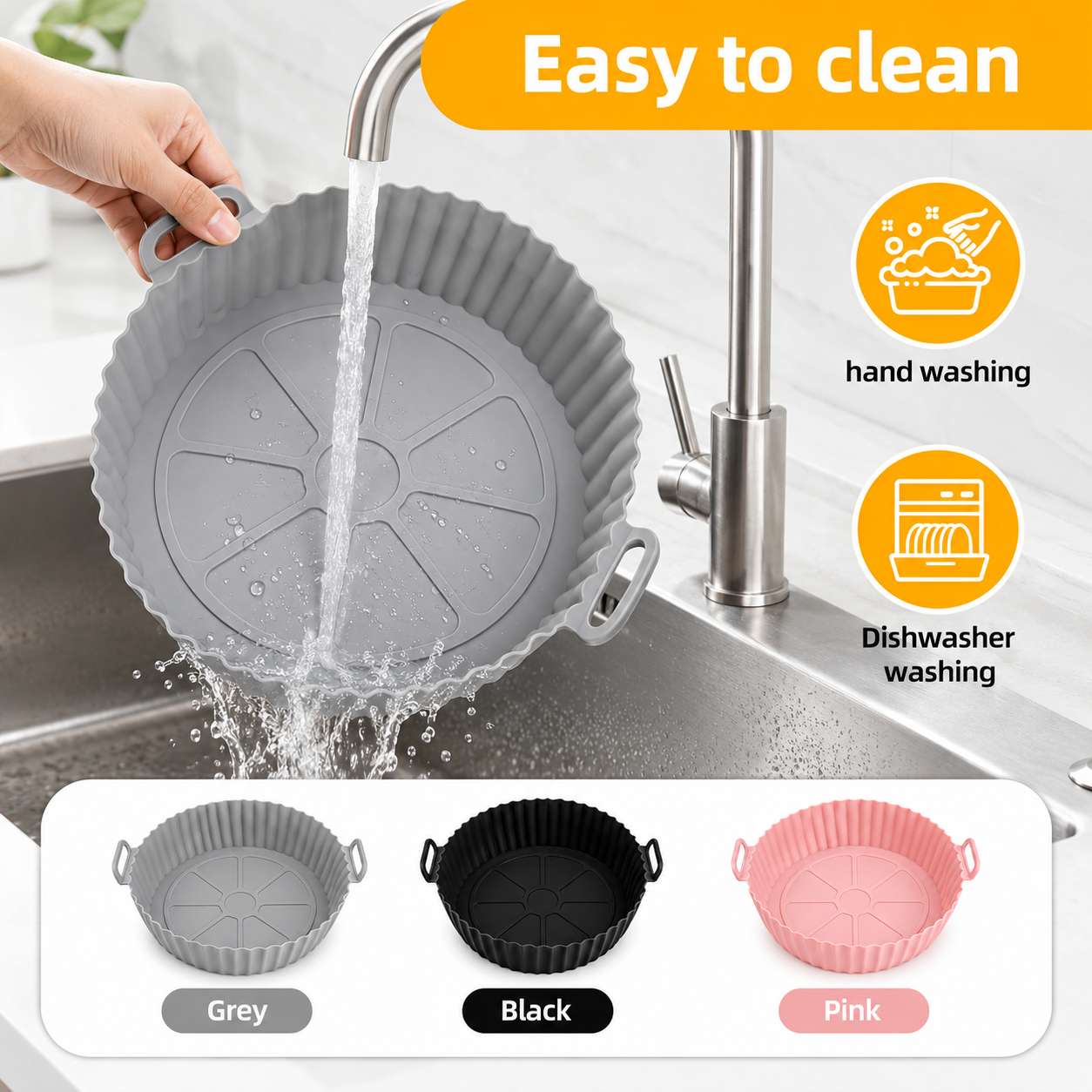 Air Fryer Liners I Round Silicone Basket Baking Tray I Pot with Ear Handles I Nonstick Reusable Heat Resistant I Cooking Oven Insert Accessories - Multicolor (Pack of 3)