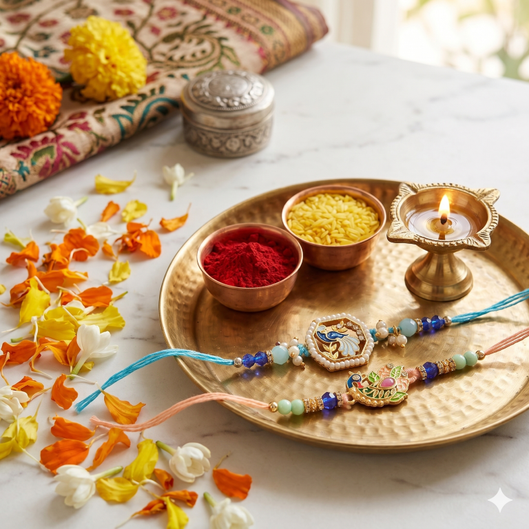 Set of 2 Bluebird & Peacock Rakhi Set for Brother, Bhai, Multicolor