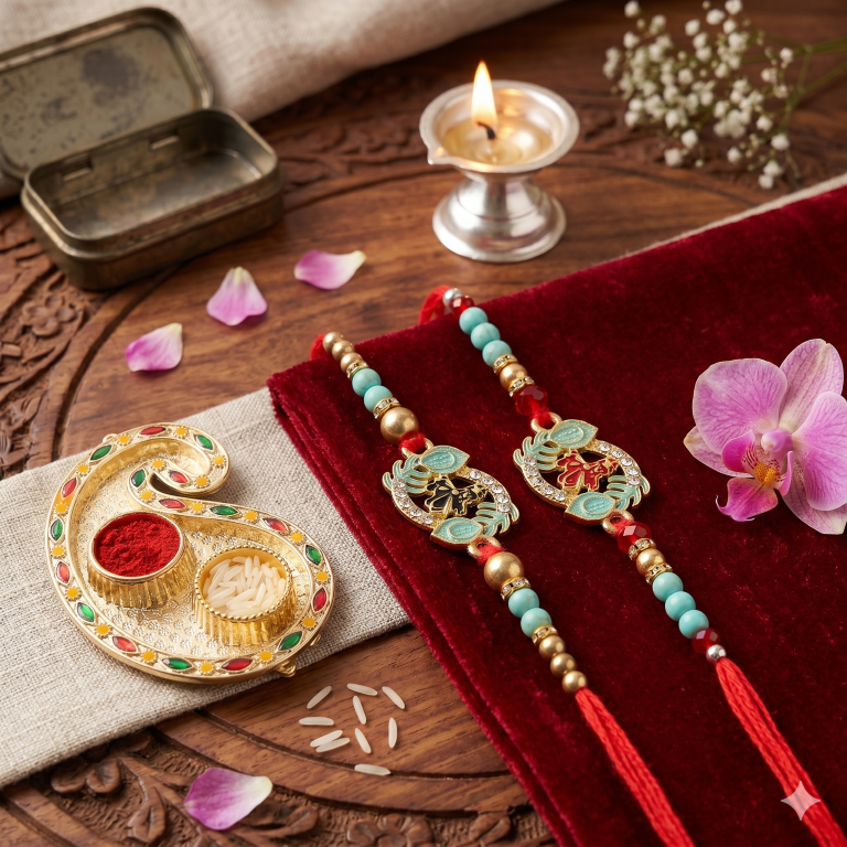 Rakhi Gift Set with 2 Lakshmi Ganesha Rakhi Set, Roli Chawa, Sipra, Key Chain and chocolate box