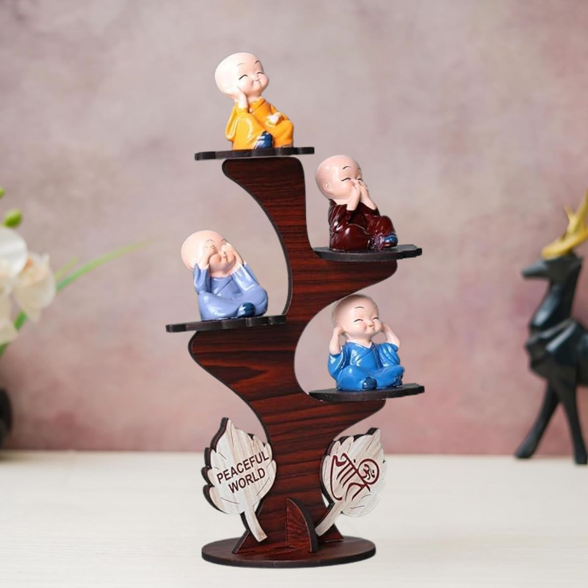 Set of 4 Adorable Buddha Monk Figurines with Wooden Stand
