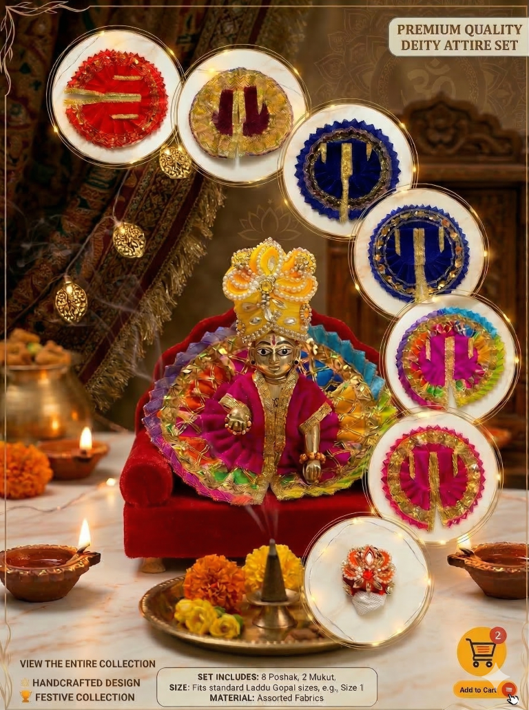 Tiny Shiny Laddu Gopal Poshak Thakur Ji Dress Designer Dress for Kanha Ji Fancy Dress for Bal Krishna Janmaasthmi Special for Ladoo Gopal Ji (Poshak-8, Mukut-2, Size-1 )