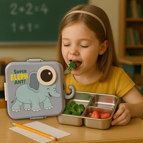 Cute Elephant Bento Lunch Box for Kids | 3 Compartment Leak-Proof BPA-Free Tiffin | Cartoon Elephant Design with Airtight Lid & Lock Clips | School, Travel & Picnic Lunch Container | Lunchbox (Grey) (1120ml + 70ml)