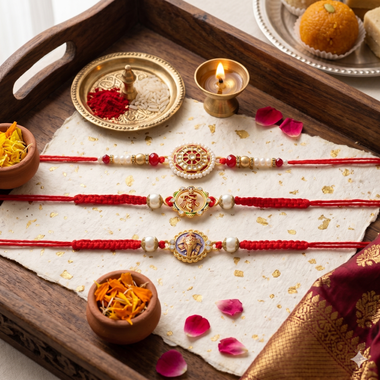 Rakhi Gift Set for Bhai with 3 Krishna Ganesha Rakhi Set, Roli Chawa, Sipra, Key Chain and chocolate box