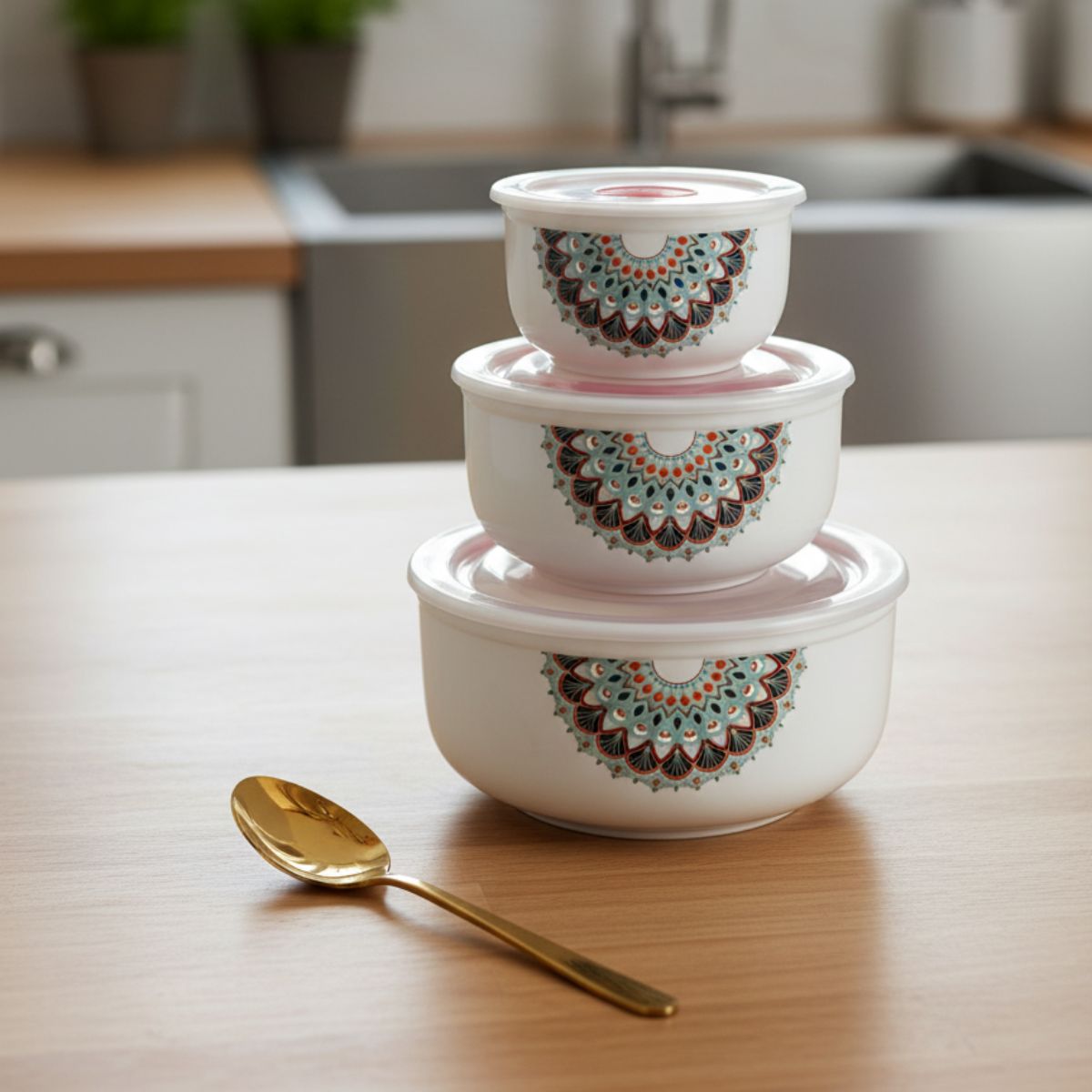 Mandala Printed Ceramic Bowl Set with Lids | Multipurpose Food Storage & Serving Bowls | Microwave & Dishwasher Safe | Durable Kitchen Bowls (Set of 3, Multisize)