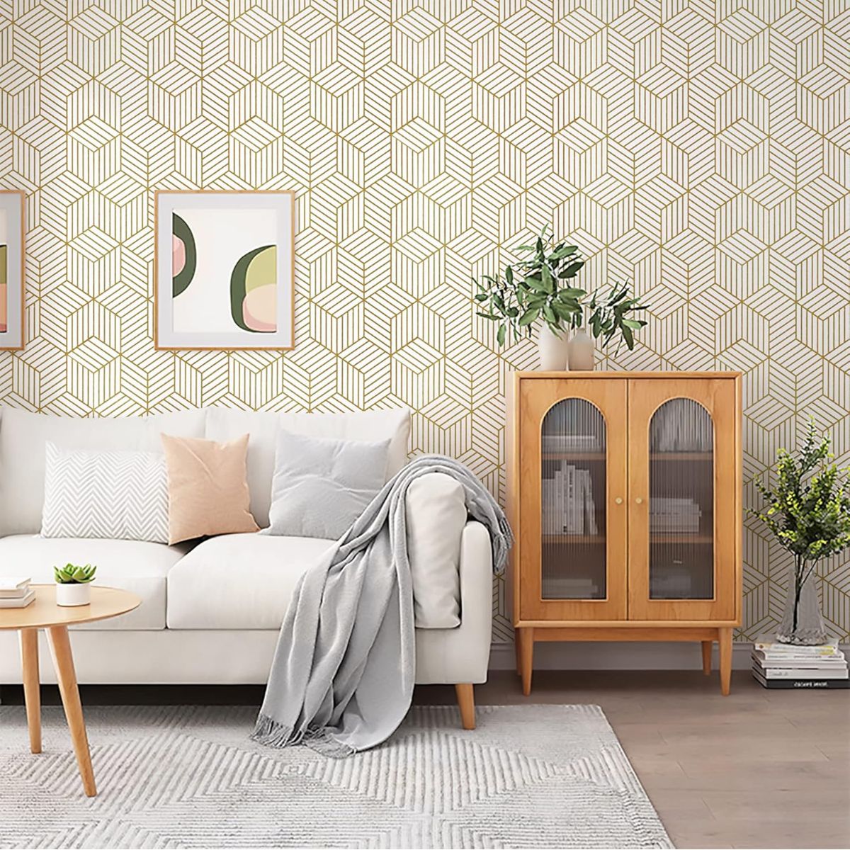 White and Gold Geometric Lines Removable Wallpaper