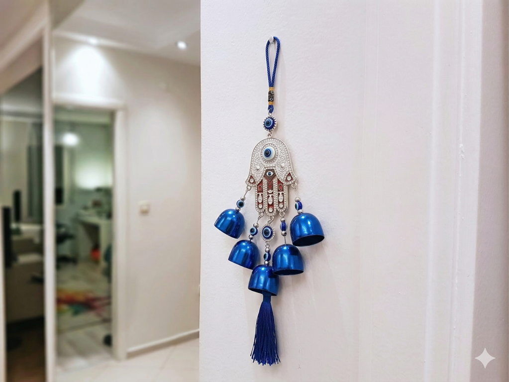 Hamsa Hand Evil Eye Wind Chimes for Good Luck Prosperity, Zodiac Success, Health Wealth Evil Eye Charm for Balcony, Home Entrance, Living Room Handcrafted Home Decor for Gift (White Red)