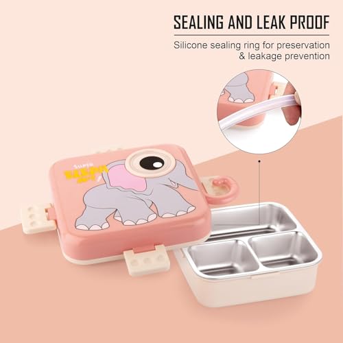 Cute Elephant Bento Lunch Box for Kids | 3 Compartment Leak-Proof BPA-Free Tiffin | Cartoon Elephant Design with Airtight Lid & Lock Clips | School, Travel & Picnic Lunch Container | Lunchbox (1120ml + 70ml) (Pink)