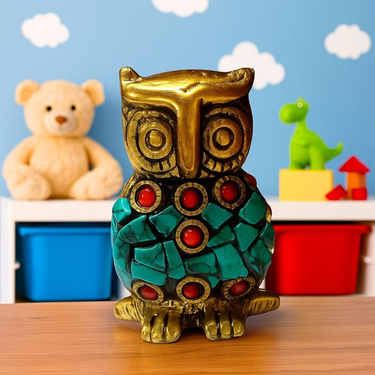 Metal Owl Statue Figurine with Colorful Stone Agarbatti Holder