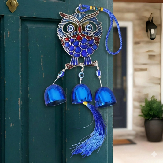 Evil Eye Hanging Nazar Battu for Home Entrance, Door & Wall Decoration | Turkish Evil Eye Big Size Hanging | Moon Design Wall Hanging for Protection & Positivity (3 Bell owl)