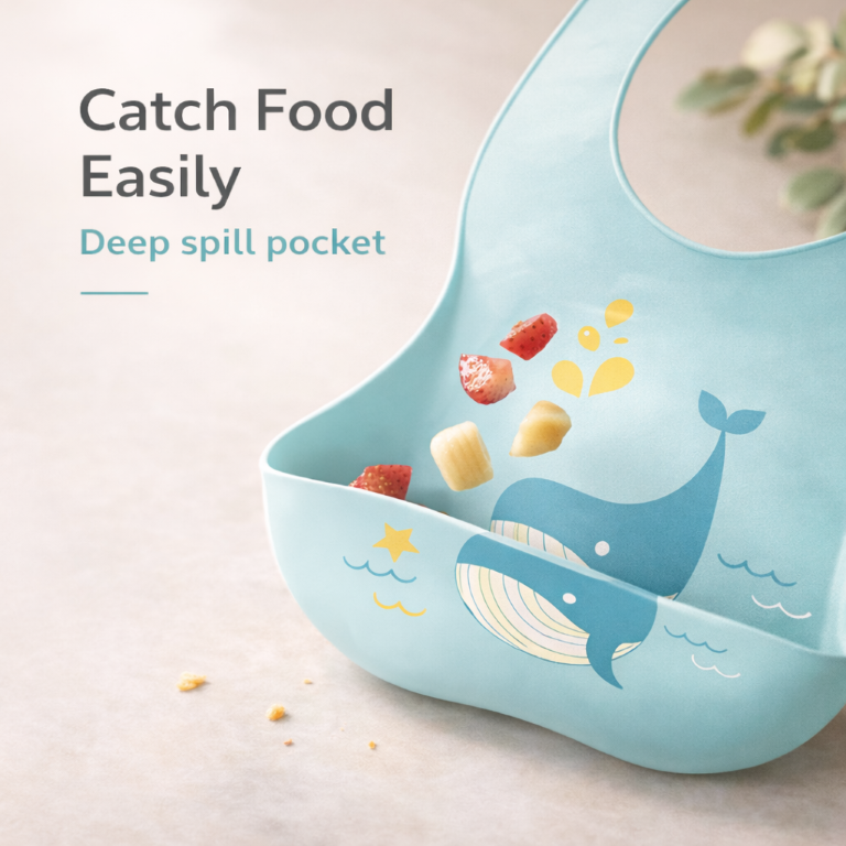 Tiny Shiny Silicone Bib for Baby Food Feeding BPA Free, Adjustable Straps Waterproof Built-in Food Pocket Mess Free Ideal for Babies 6 to 36 Months