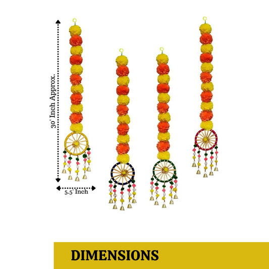 Tiny Shiny Artificial Marigold Fluffy Flowers Garland String with Bells Ring Pom Pom