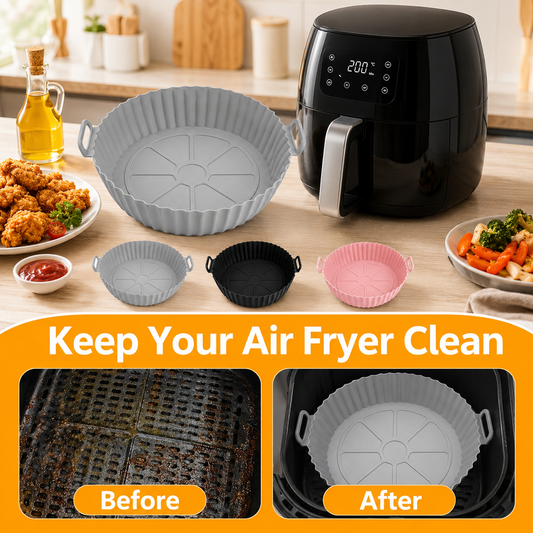 Air Fryer Liners I Round Silicone Basket Baking Tray I Pot with Ear Handles I Nonstick Reusable Heat Resistant I Cooking Oven Insert Accessories - Multicolor (Pack of 3)