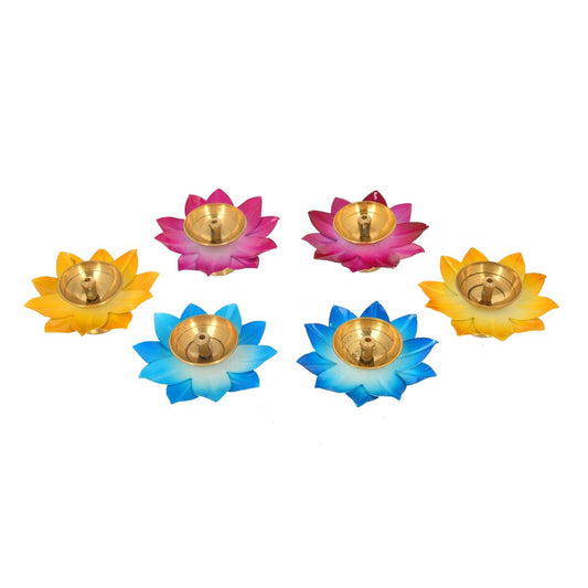 6Pc Brass Diya Lotus Oil Lamp Set