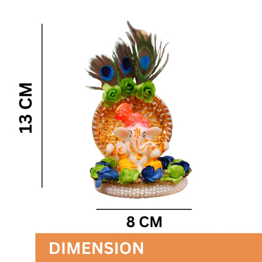 Tiny Shiny Lord Ganesha Idol with Real Peacock Feathers and Golden Disc Plate