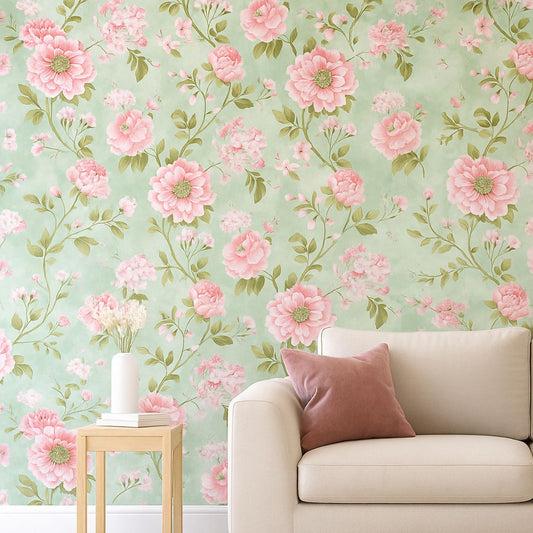 Removable Pink Flower with Leaves Pattern Wallpaper