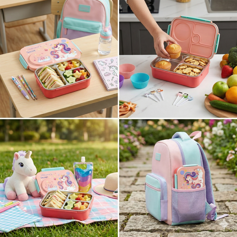 Steel Lunch Lunch Box, 750 ml with 150ml Bowl, BPA Free and Leak Proof, 3 Compartment airtight, with a Spoon & Chopsticks,Unicorn Cartoon Design, Pink, Premium Lunch Box