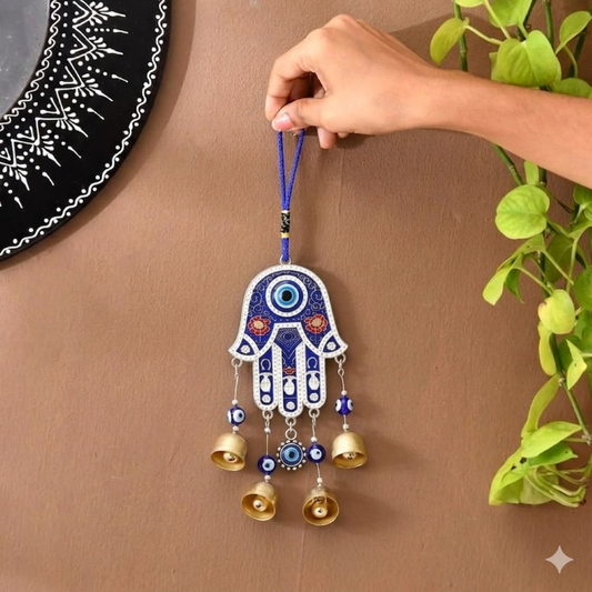 Hamsa Hand Evil Eye Wind Chimes for Good Luck Prosperity, Zodiac Success, Health Wealth Evil Eye Charm for Balcony, Home Entrance, Living Room Handcrafted Home Decor for Gift (Blue)