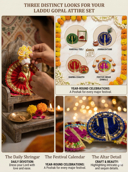Tiny Shiny Laddu Gopal Poshak Thakur Ji Dress Designer Dress for Kanha Ji Fancy Dress for Bal Krishna Janmaasthmi Special for Ladoo Gopal Ji (Poshak-8 Mukut-2 Size-1 , Inch-5)