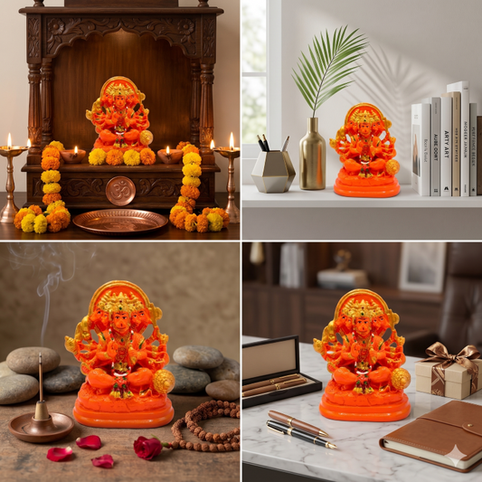 Divine Panchmukhi Hanuman Idol - Vibrant Saffron & Gold Finish (10 cm) | Five-Faced Bajrang Bali for Protection & Vastu