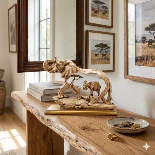 Antique Ivory & Gold Elephant Family Figurine | Majestic Wildlife Home Decor